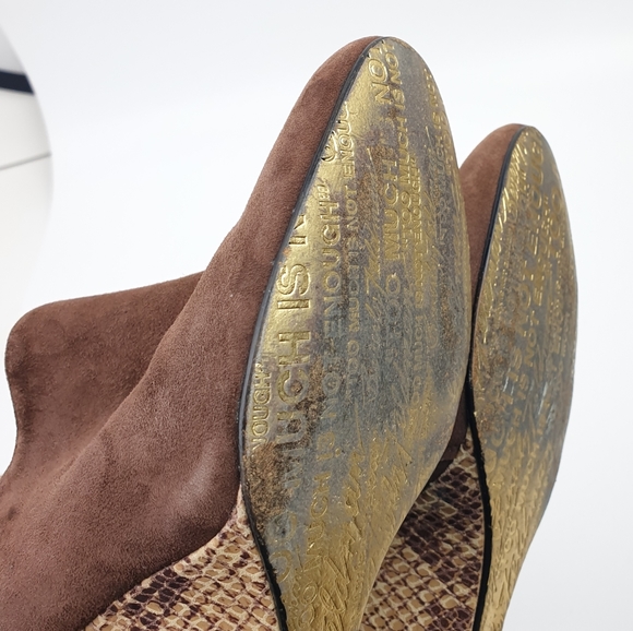 Beverly Feldman Booties brown suede snake print wedge 4" zipped up almond toe 7 - Picture 7 of 15